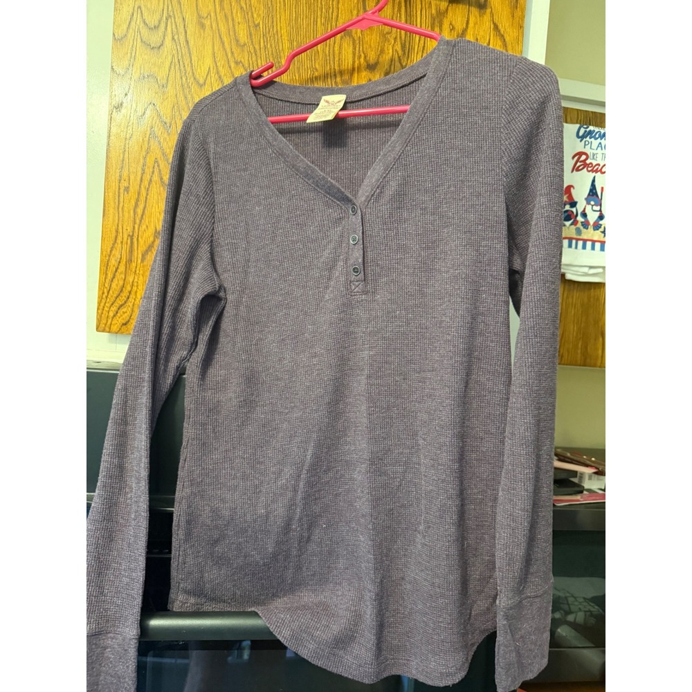 Faded Glory Womens Purple Waffle Knit Henley Long Sleeve Thermal Top Large 12-14